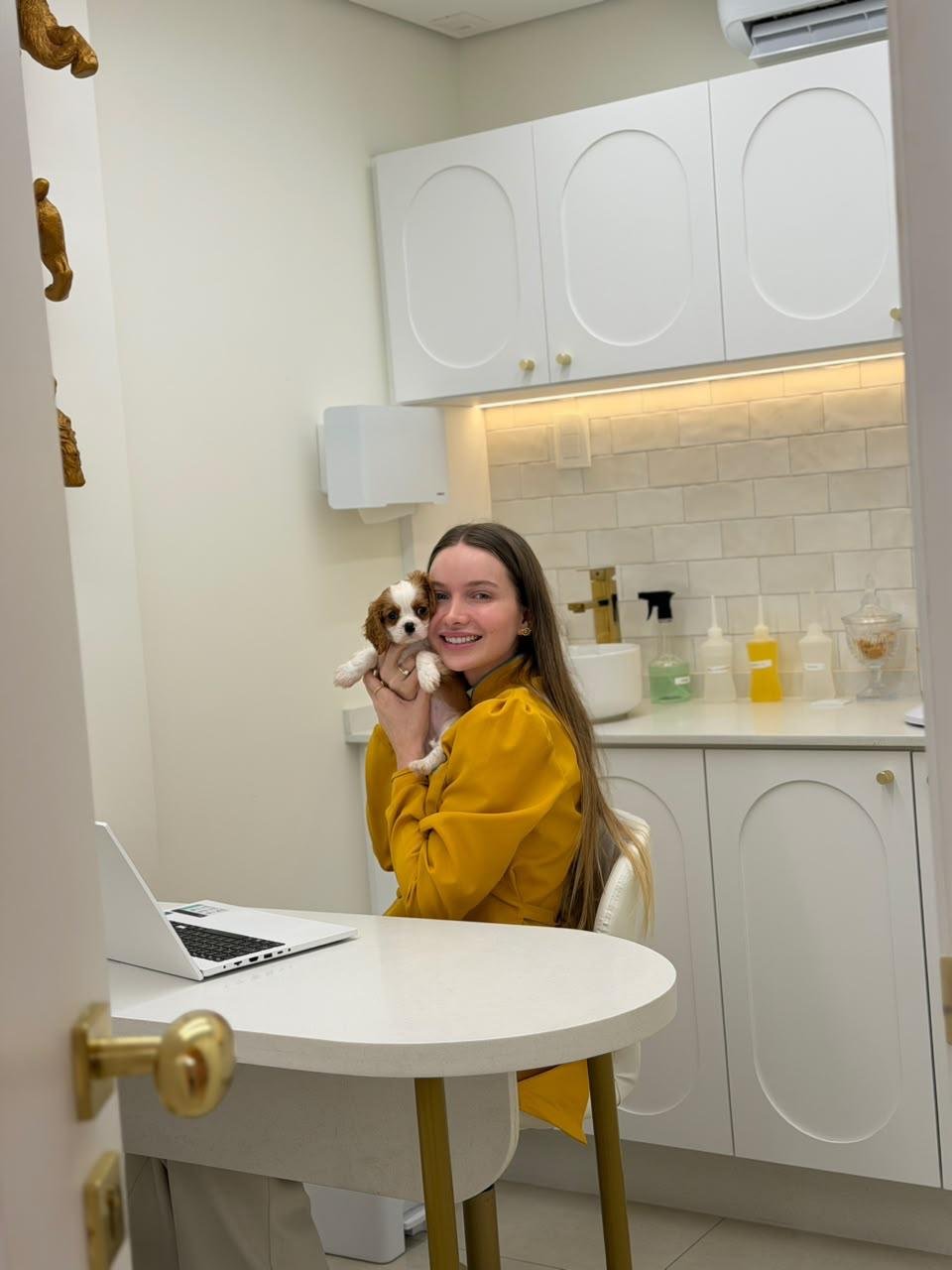 Dra. Diuly Correa Böger segurando um filhote de cão em um consultório da Alluvie.