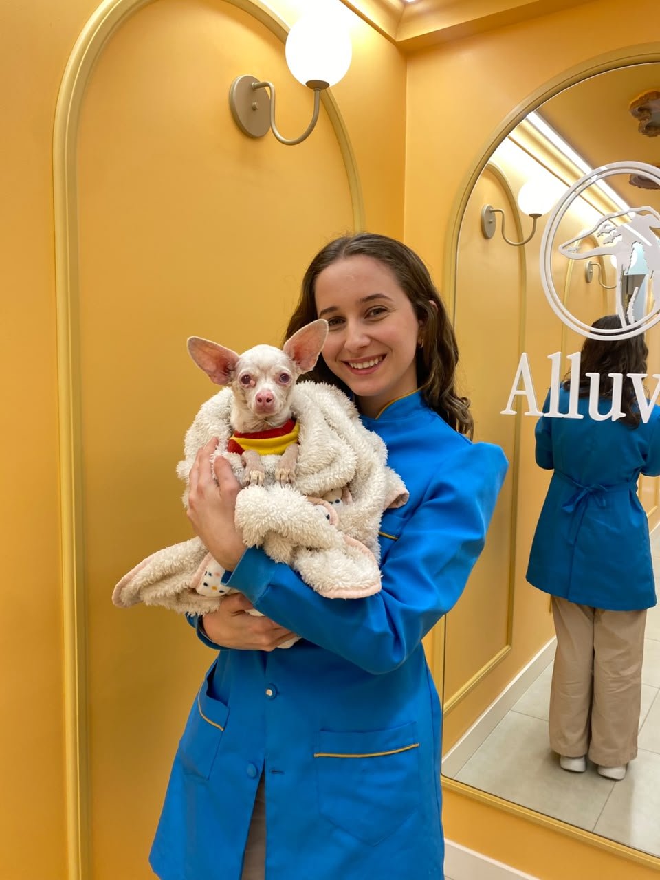 Dra. Emily Silvestre segurando um cão branco pequeno no interior da Alluvie.