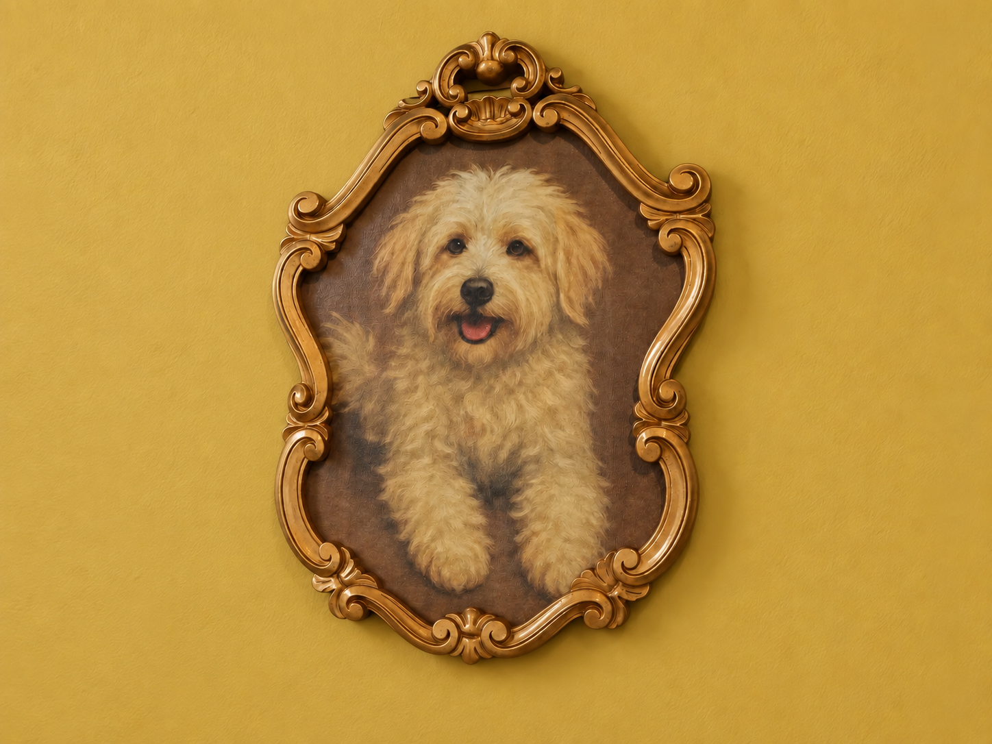 Quadro da clínica Alluvie: retrato de um cão em uma moldura dourada ornamental