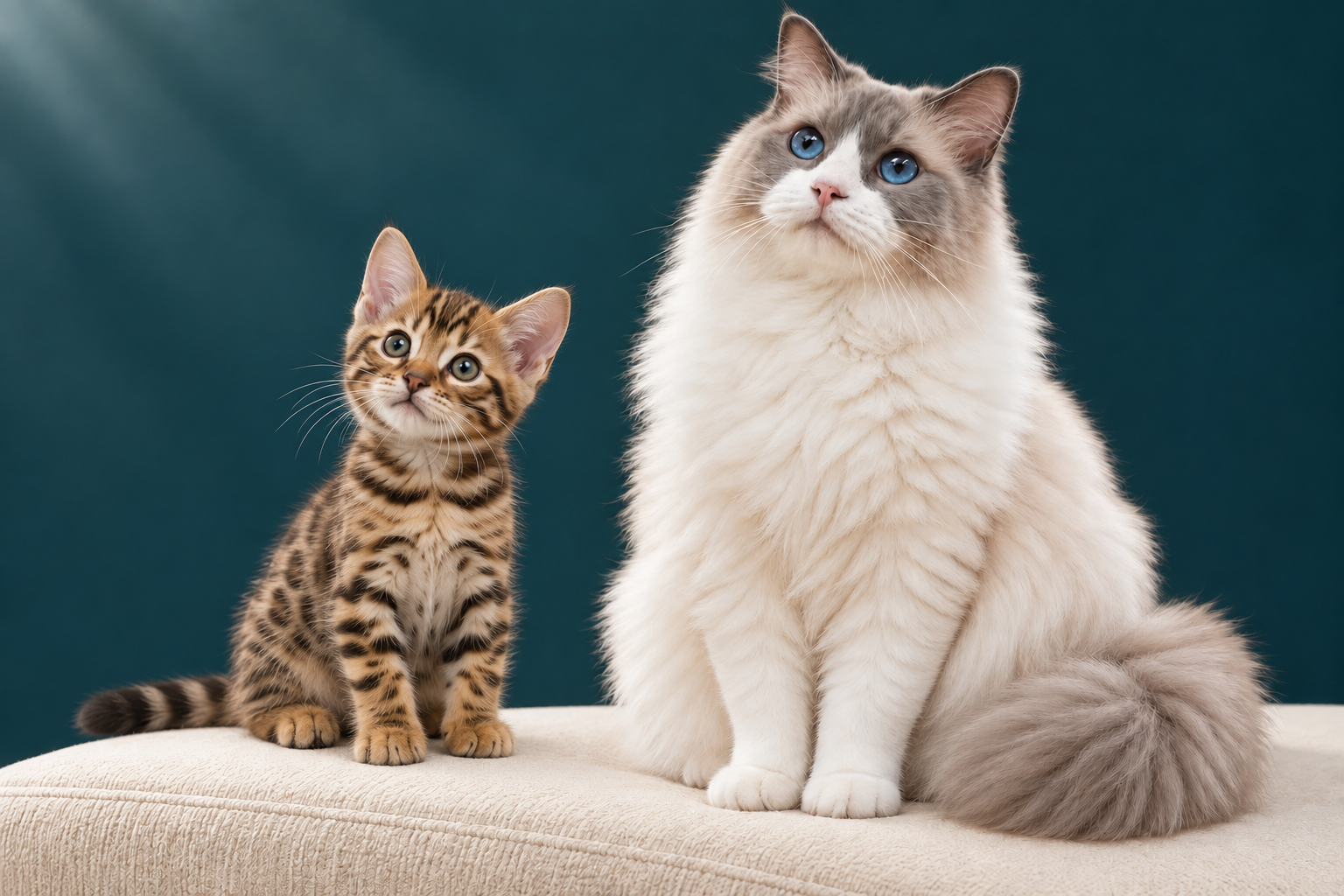 Ragdoll adulto de olhos azuis e filhote Bengal lado a lado em uma superfície creme, com ambientação azul-petróleo